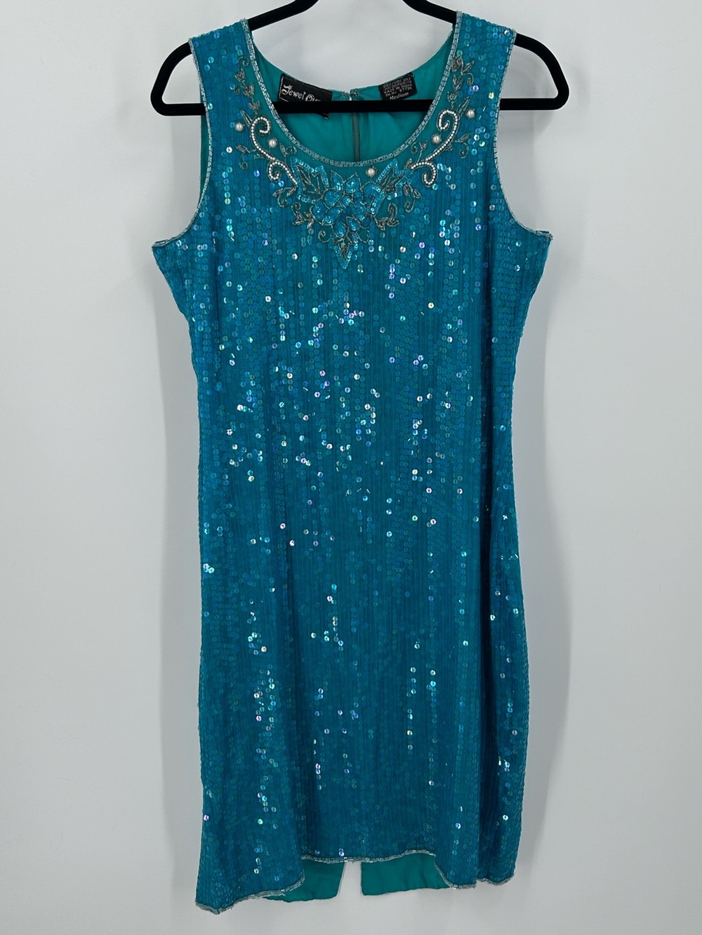 VINTAGE 80s JEWEL QUEEN TURQUOISE SEQUIN 100% SILK SHIFT DRESS MEDIUM